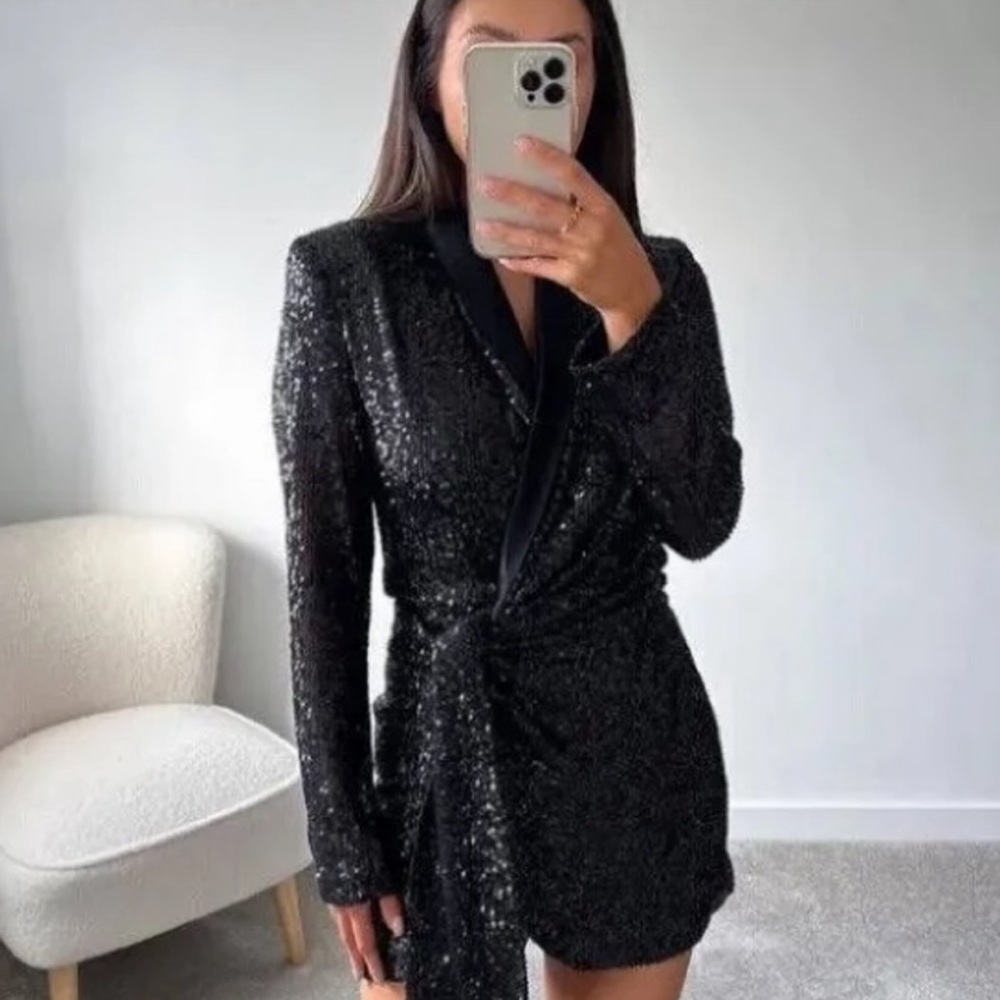 Zara Black Sparkle Mini Dress with Tie